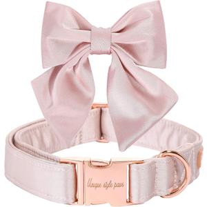 Unique style paws Silk Pink Color Dog Collar Adjustable Durable Dog Collar with Bow Wedding Bowtie Collar for Medium Dogs (Princess), M