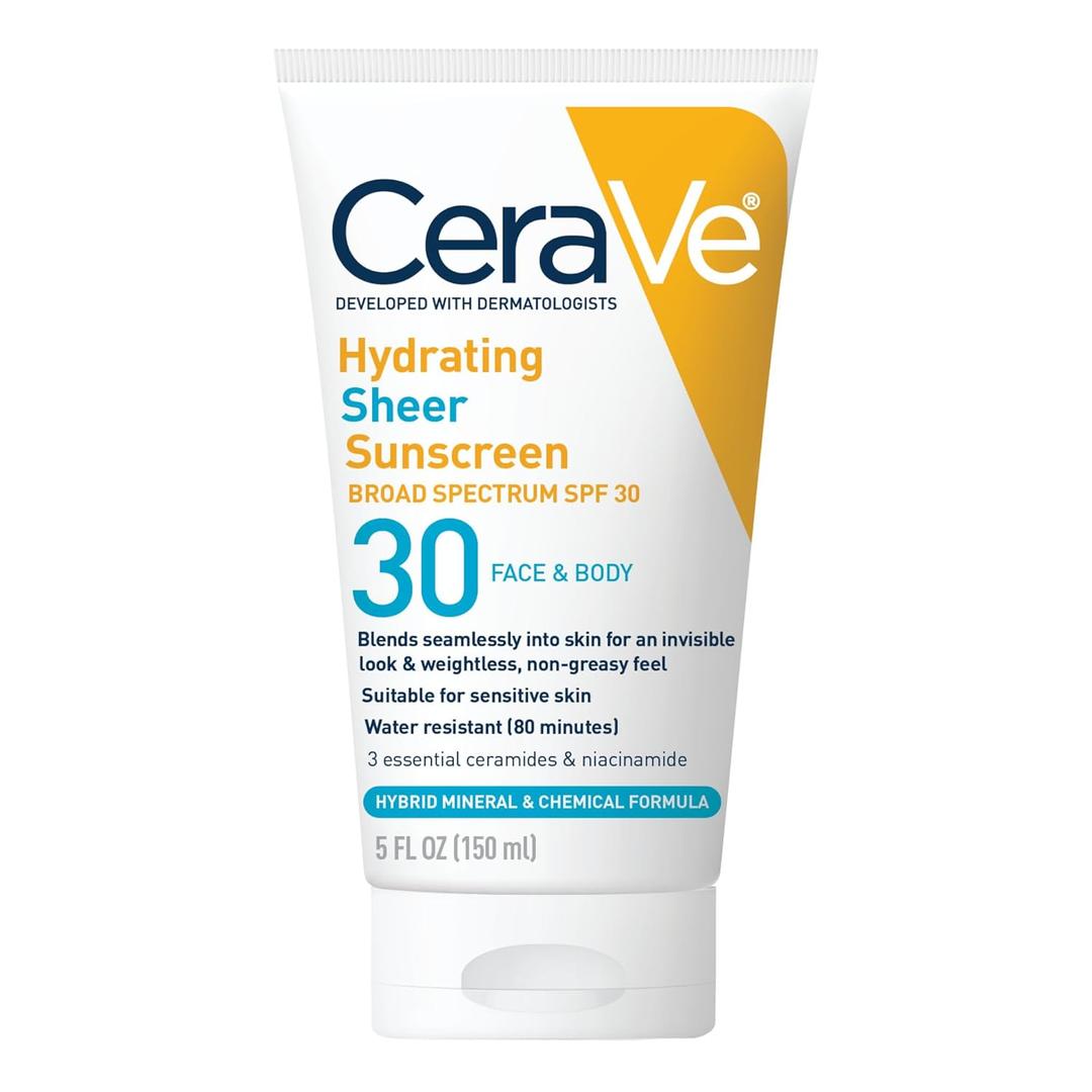 CeraVe Hydrating Sheer Sunscreen with SPF 30 for Face and Body, Mineral & Chemical Sunscreen for Men & Women with Zinc Oxide, Hyaluronic Acid and Ceramides, Paraben-Free + Fragrance-Free, 5 Ounces (5 Fl Oz (Pack of 1))