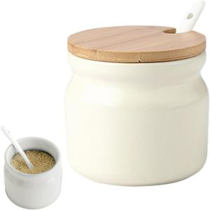 Ceramic Sugar Bowl, Porcelain Sugar Pot with lid and Spoon, 300ml/10.56oz Seasoning Storage Jar Salt Pot Salt Container for Coffee Bar, Home Kitchen(Beige)