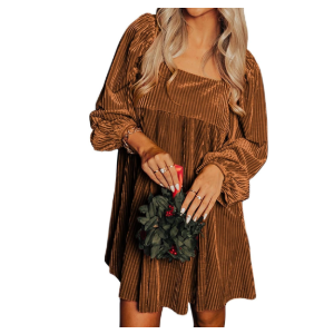 Chvity Women Velvet Backless Mini Dress Sqaure Neck Long Sleeve Casual Loose Holiday Party Winter Babydoll Velour Dressess