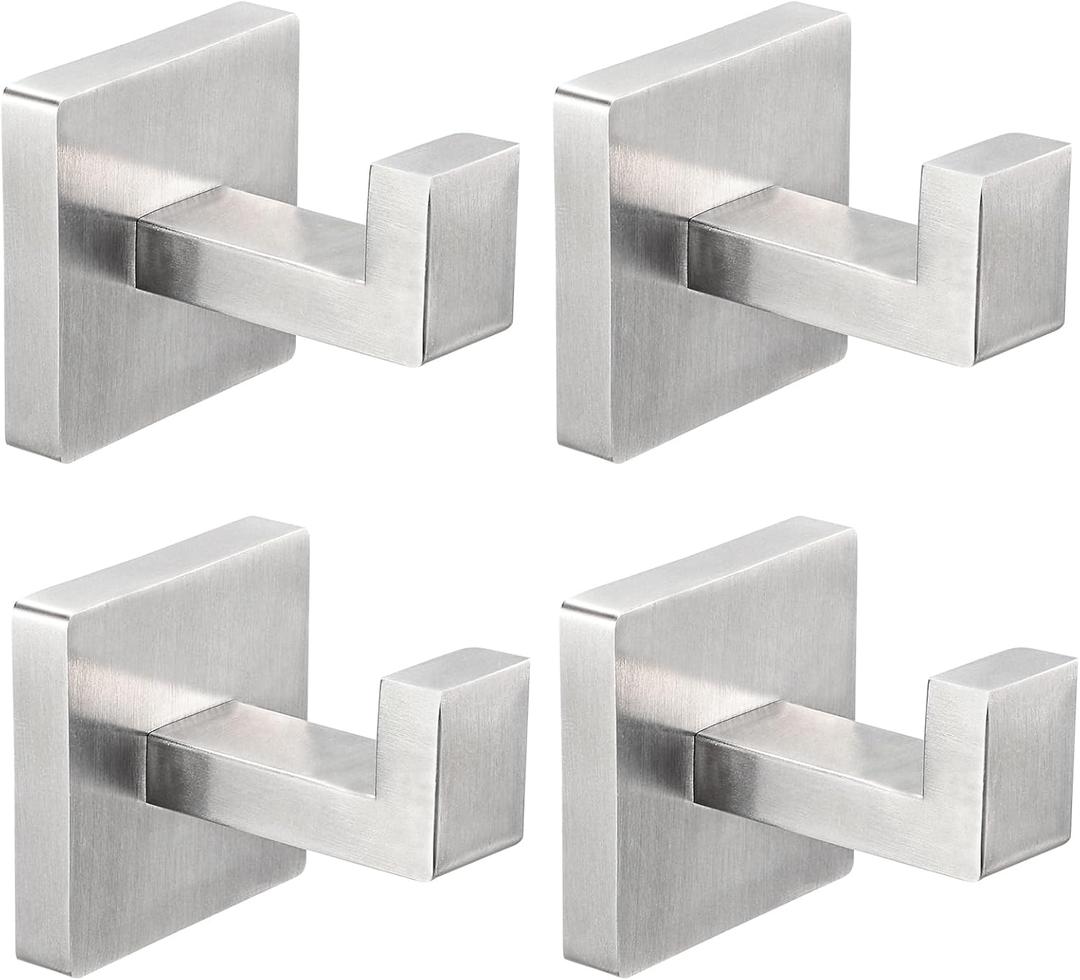 IBosins 4 Pack Towel Hooks Hand Towel Holder for Bathroom Wall Livingroom Bedroom Kitchen Closet Heavy Duty Stainless Steel Hook Hanger for Robe, Bath Towel, Coat (Square Brushed Silver)