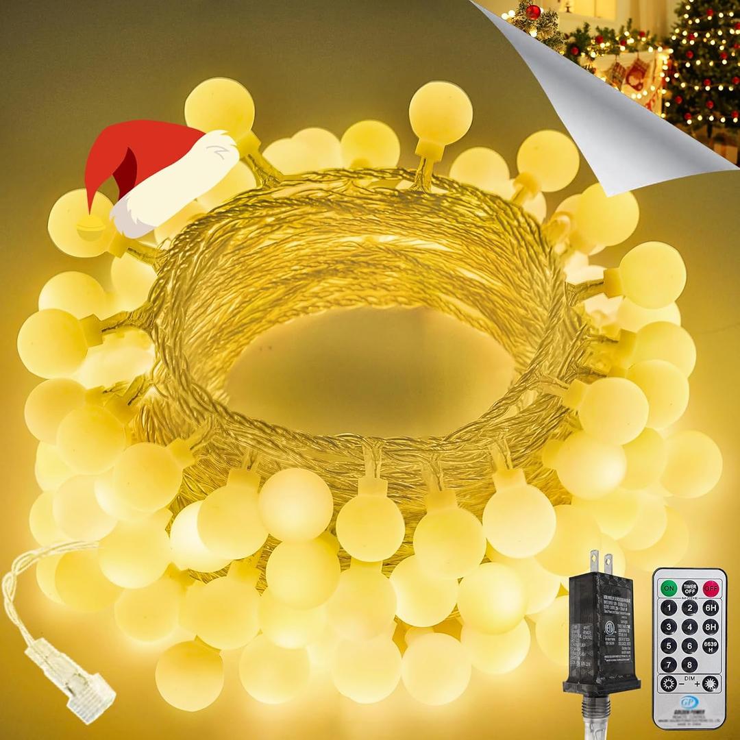 LORRYTE Connectable 43FT 100LED Globe String Lights | 8 Modes Warm White Christmas String Lights Plug in with Remote | Hanging Fairy Light for Indoor Outdoor Bedroom Party Christmas Tree Decor
