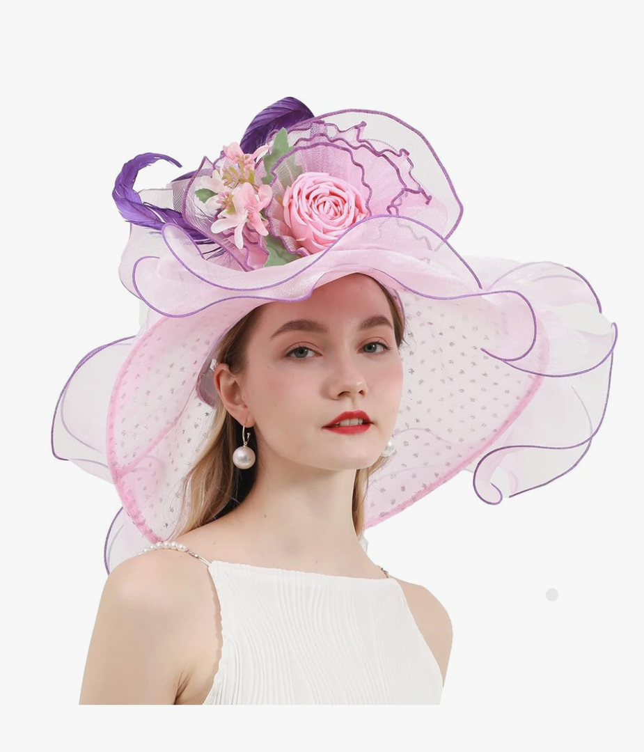 Women's Organza Church Derby Hat Bridal Tea Party Wedding Tea Party Sun Hat with Detachable Hat Flower as Headgear