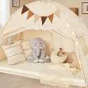 Twin Size Bed Tent Canopy, Kids Play Tent with Flags & Star Lights, Canopy on Bed Privacy Space Sleeping Blackout Tents, Indoor Breathable Portable & Foldable, Girls & Boys Gifts, Cream Castle Style (Twin Size (78.7 x 38.5 x 49.6 in))