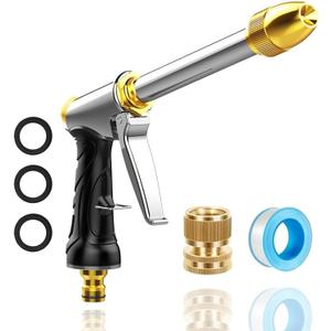 Heavy garden hose nozzle - adjustable spray mode high-pressure rotary spray gun, brass nozzle, anti slip grip and quick connector, suitable for lawn, plants, car washing, pets