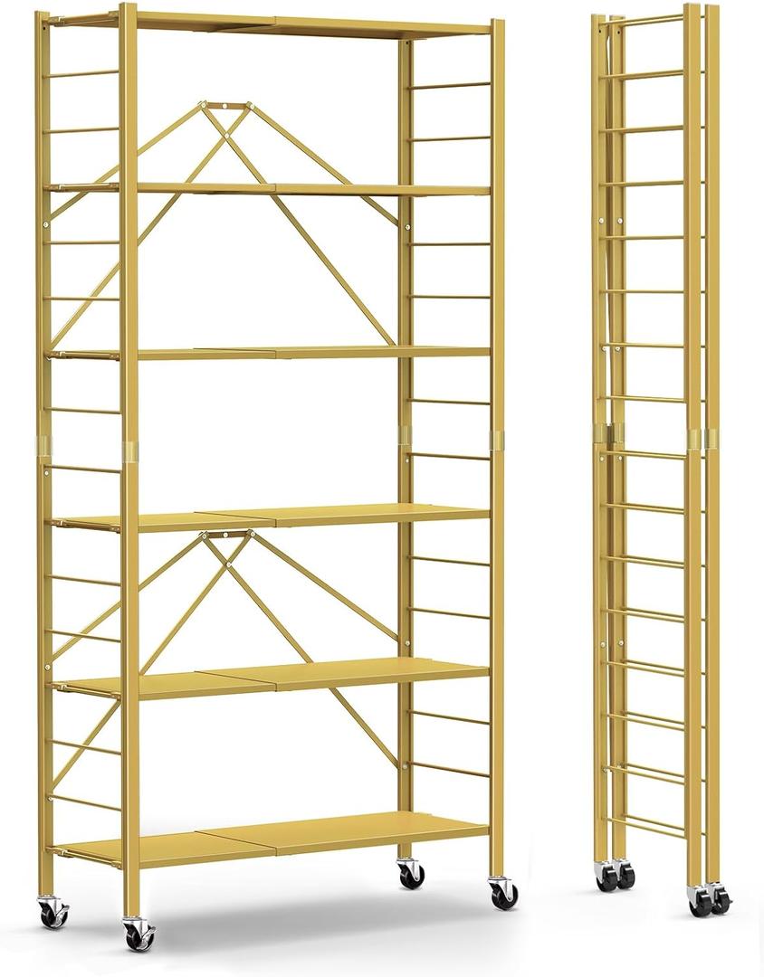 6-Tier Foldable Storage Shelves Expandable Shelf Wheels Gold 2-in-1
