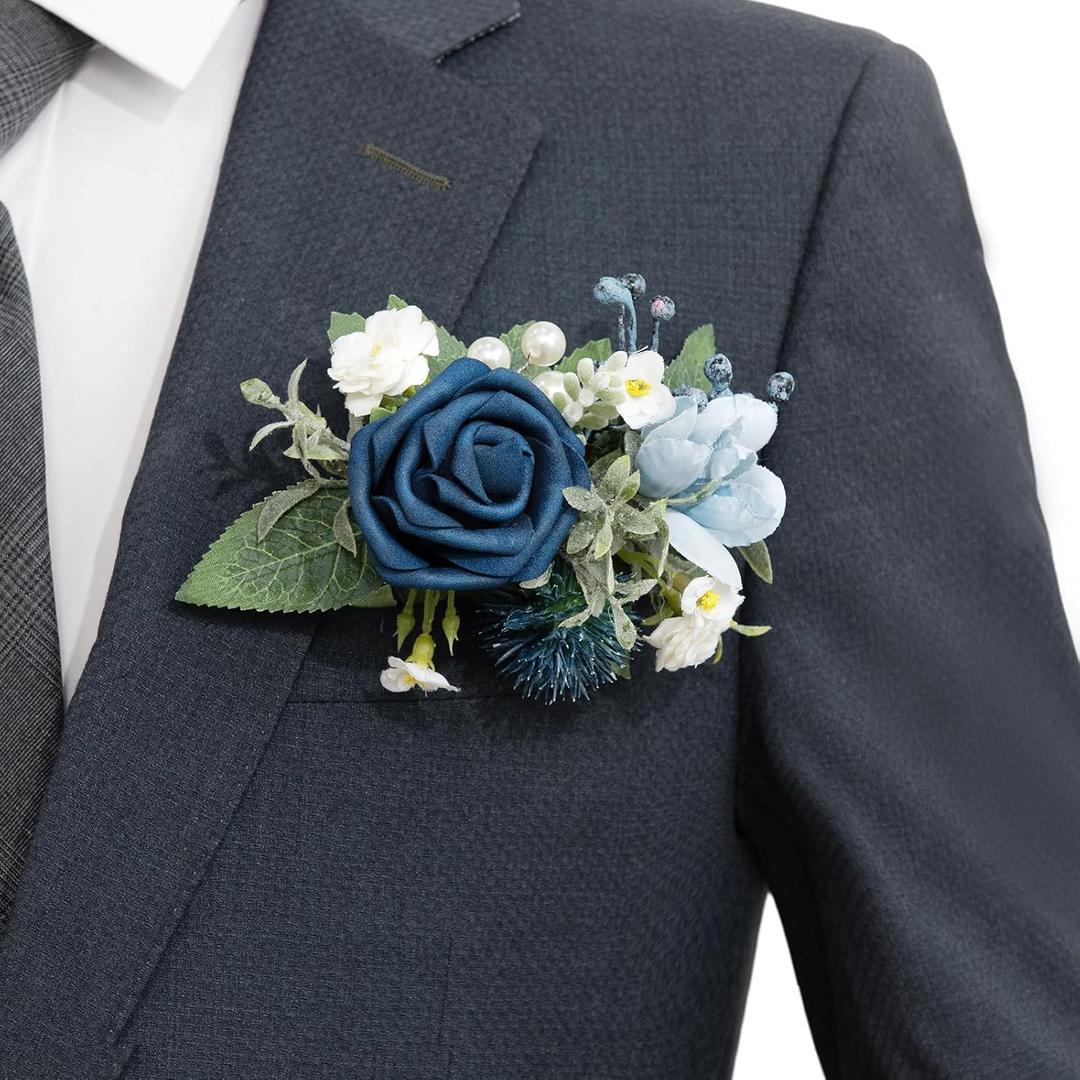 Ling's Moment Single Pocket Boutonniere for Man Groom, Artificial Flowers for Wedding Decor/Prom/Homecoming/Graduation, etc.Dusty Blue Navy (6" W x 5" H, Blu-dusty Blue & Navy)