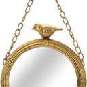 NIKKY HOME 6.7 Inch Decorative Small Hanging Mirrors Vintage Round Metal Framed Wall Mounted Mirror Decor with Bird for Bathroom Living Room Office, Rustic Gold