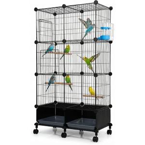 Large Bird Cage with Rolling Stand, 46x24x12 Inch Flight Cage for Parakeets, Cockatiels, Conures, Metal Wire Cage with Wooden Perches, Feeders, Wheels, Black