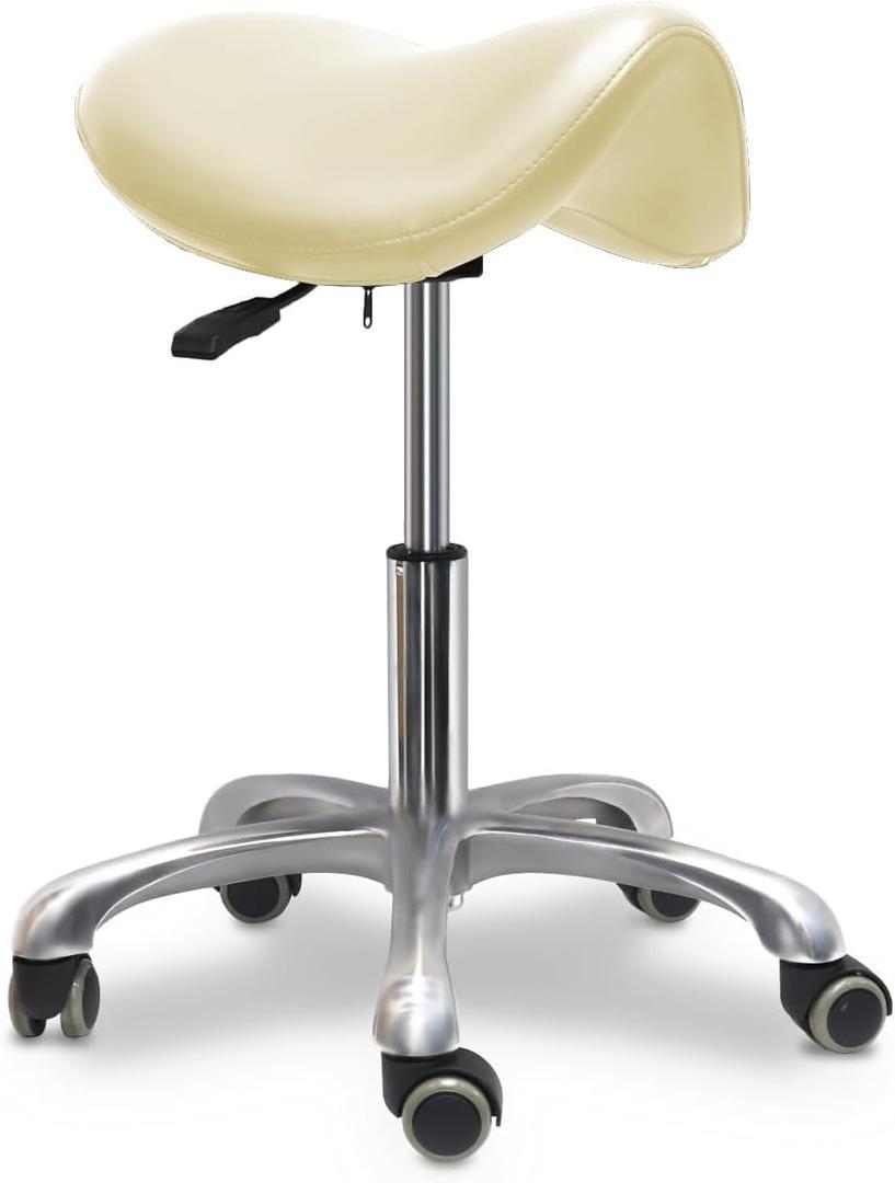 Saddle Stool with Wheels,Rolling Stool,Rolling Chair Ergonomic Swivel Rolling Chair with Hydraulic Lifting Height Adjustable Rolling for Office Medical Massage Salon Drafting(White)