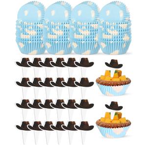 2 x Vesici 200 Counts Cartoon Style Cupcake Liners and 200 Counts Cowboy Hat Cupcake Toppers Baking Cups Cake Wrappers Greaseproof Muffin Liners for Baby Shower Birthday Theme Party Supplies