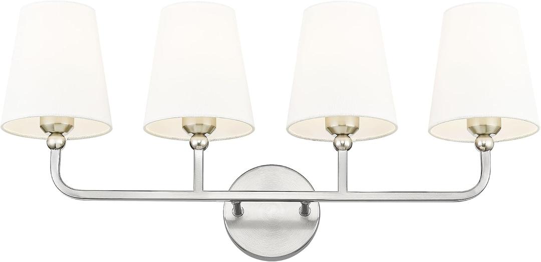 Bathroom Light Fixtures, 4 Light Vanity Lights with Flared White Fabric Shade, 28 Inch Brushed Nickel Wall Sconce, Modern Sconces Wall Lighting for Hallway Bedroom, VL837-BN-4