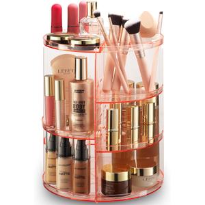 Masirs Rotating Makeup Organizer for Vanity, Large 360° Spinning Cosmetic & Skincare Organizer, Adjustable Shelf Height, Perfume Stand, Countertop Storage for Bathroom or Bedroom, Pink