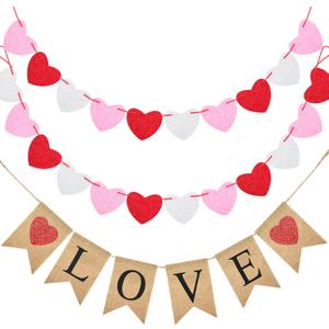 GCQQ Valentine's Day Banner - Red Felt Heart Garland and Love Burlap Decorations Banners with Hearts for Mantle, Fireplace, Wall Proposal Valentines Decor (Pink)