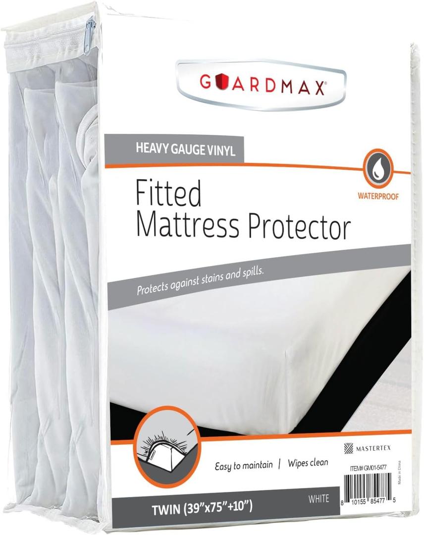 Guardmax Heavy Gauge Vinyl Twin Size Mattress Protector - Waterproof & Dust Proof Mattress Cover with Stretchable Pockets - Soft, Comfortable, & Noiseless Waterproof Fitted Sheet.(39 x 75 x 10)