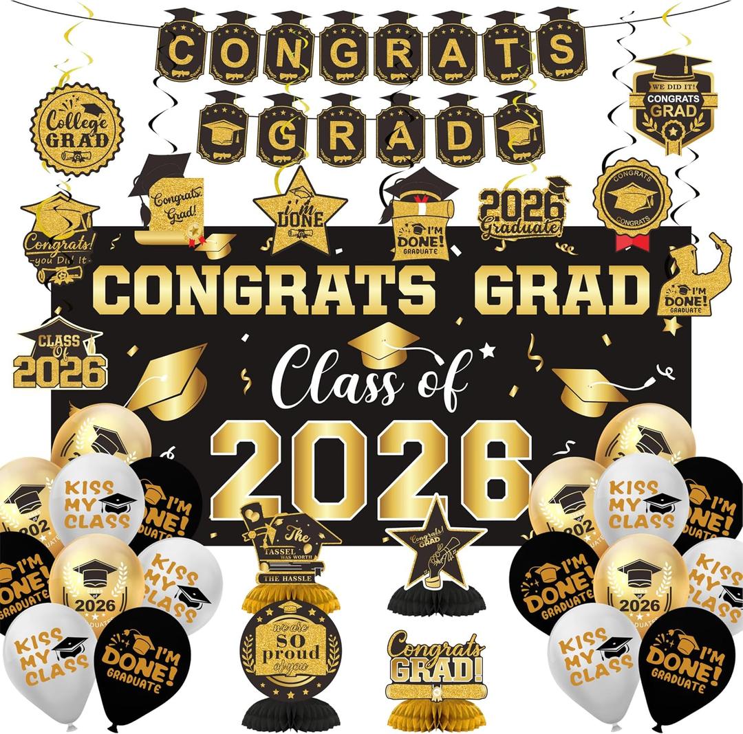 2026 Graduation Decorations Set- Class of 2026 Grad Party Decorations, Congrats Grad Banner, Backdrop, Grad Hanging Swirl, Balloons and Honeycomb Table Toppers, Graduation Party Supplies