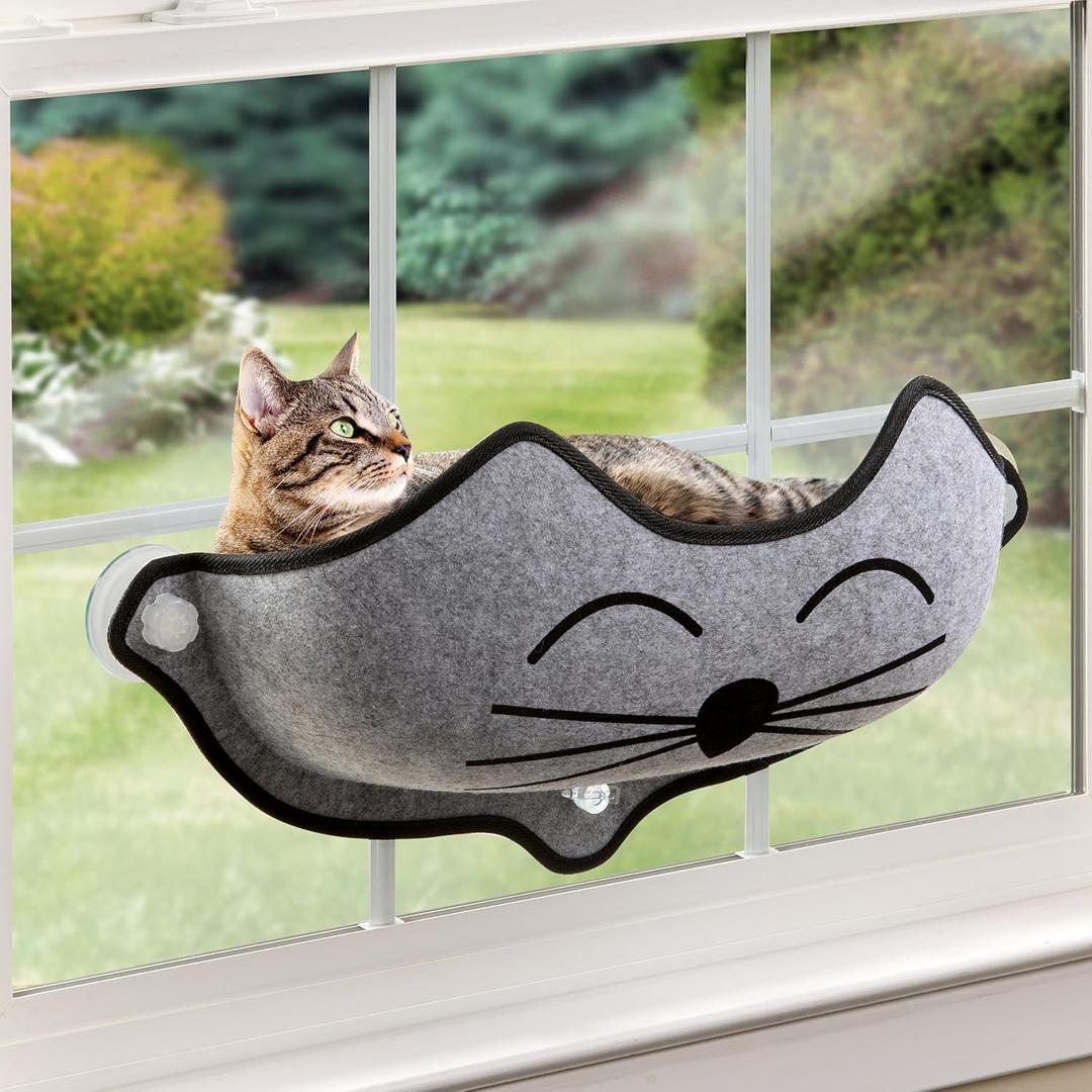K&H Pet Products EZ Mount Kitty Face Cat Window Perch Bed, Sturdy Cat Window Hammock with Strong Suction Cups, Washable Sleeping Pad, Fits 30" W X 15" H Glass Spaces - Gray Kitty Face Design