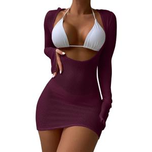 Lilosy Sexy Long Sleeve Mesh Swimsuit 3 Pieces Cover Up Bikini Set (Large, Purple)