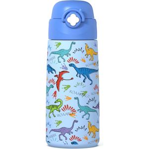 Boys Insulated Water Bottle with Covered Pop-Up Straw,16 oz Kids Cups with Stainless Steel Leak Proof for School (Blue-Dinosaur)