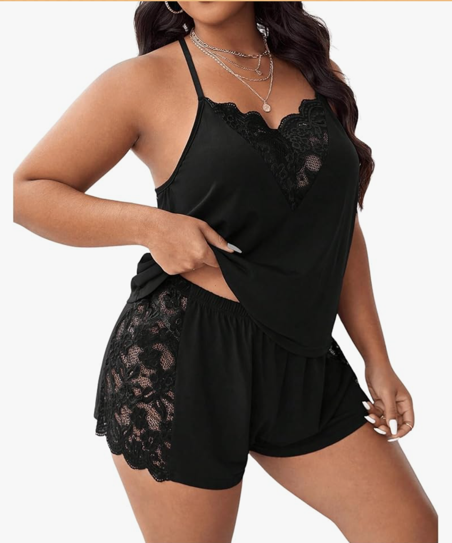 Women's Plus Size 2 Piece Pajama Set Floral Lace Cami Tank Top and Shorts Set Sleepwear
XXL
