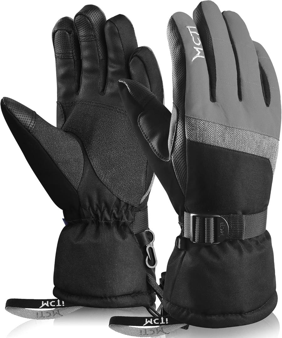MCTi Ski Gloves,Winter Waterproof Snowboard Snow 3M Thinsulate Warm Touchscreen Cold Weather Women Gloves Wrist Leashes (Medium, Grey)