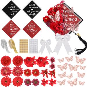 Dunzoom 40 Pcs DIY Graduation Cap Decorations Kit Artificial Flowers Inspirational Cardstock 3D Butterfly Stickers Ribbon Bow Rhinestone Stickers for Grad Cap Topper Graduation Party(Red)