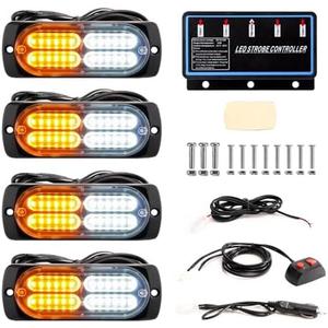 BooYu 4-pcs Sync Feature LED Emergency Strobe Lights Ultra Slim Grille Surface Mount Flashing Warning Hazard Light Bar w/Controller for Construction, Firefighter, Trucks, Vehicles, Car (Amber/White)