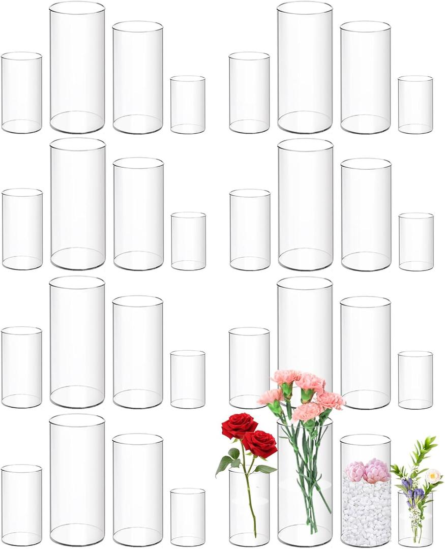 32 Pack Plastic Vases, 4 6 8 10 Inch Tall Acrylic Cylinder Vase Bulk Hurricane Candle Holder Large Clear Cylinder Plastic Vases for Centerpiece Flowers Wedding Party Home Office