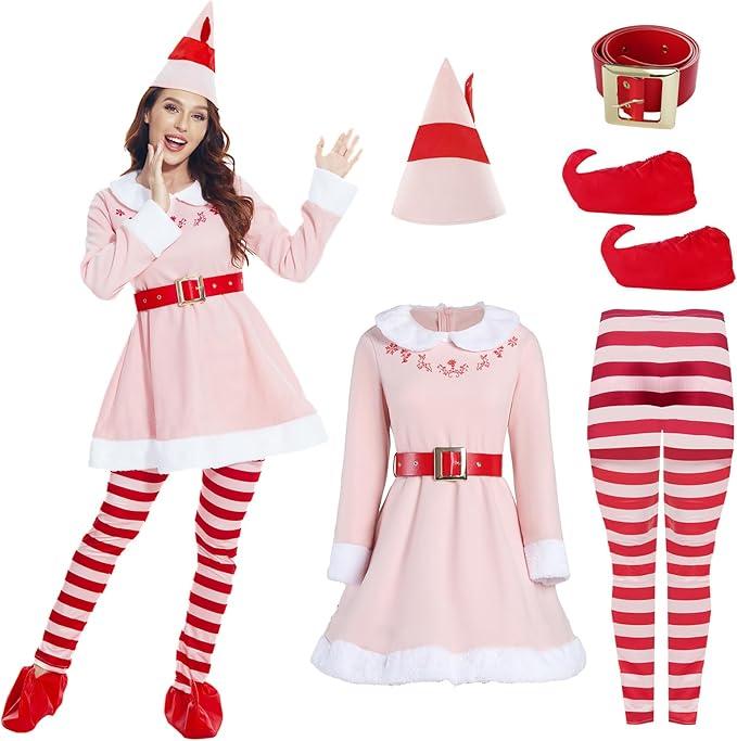 rumnigh Christmas Elves Costume For Women,Elves costume adult Women Christmas Cosplay Costume Full Set(Pink, XLarge)