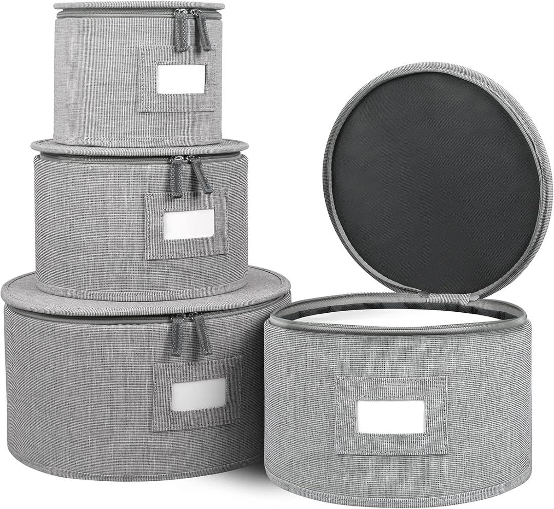 China Storage Set, Hard Shell 4-Piece Set for Plate Storage and Transport, Protects Dishes have Lable Window for Saucers and Stackable,Felt Plate Dividers Included