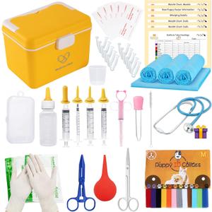 Puppy Kitten Whelping Kit - Newborn Whelping Supplies with Nursing Feeding Bottle Kit, Record Charts, Collars, Pee Pads, Bulb Aspirator, Hemostatic Forcep, Umbilical Cord Scissors. Pet Delivery Kit