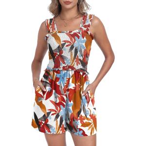 QIXING Women's Summer Casual Rompers Dressy Smocked Loose Comfy Short Jumpsuits Vacation Outfits With Pockets (S)