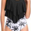 Womens Swimsuits Two Piece High Waisted Bikini Sets Tummy Control Tankini Ruffled Bathing Suit Swimwear M