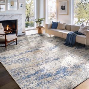 Washable Area Rug Living Room Rugs-8x10 Large Soft Non-Slip Carpet for Bedroom Dining Room Modern Abstract Neutral Low Pile Floor Rugs Stain Resistant Indoor Nursery Home Office,Blue Brown