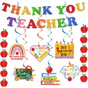 Teacher Appreciation Week Decorations Set - Thank You Teacher Hanging Swirls, Teachers Banners, Apple Garland Strings for Teacher's Day - Teachers Day School Office Classroom Decor