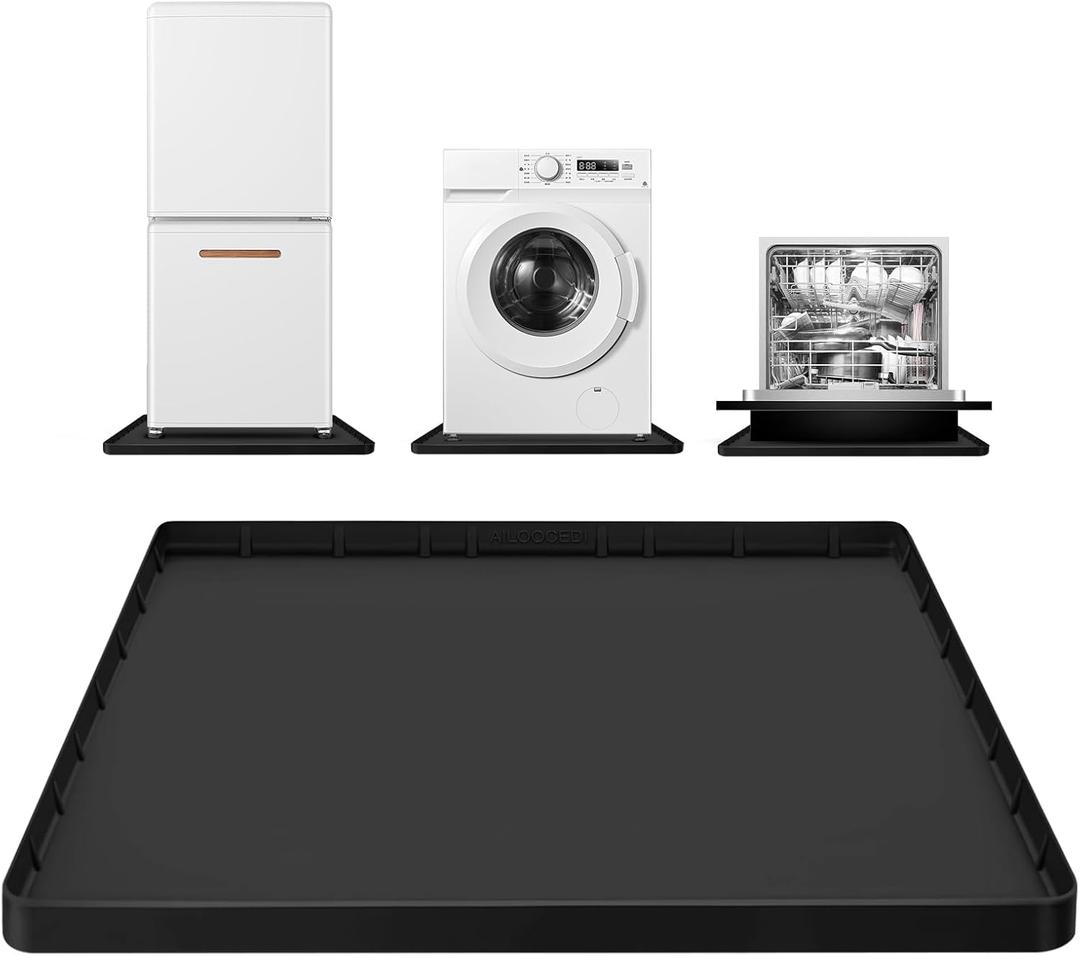 Large Thickened Washing Machine Mat 30" x 28" Silicone Under Washer and Dryer Drain Pan Drip Tray Floor Protector Non-Slip Flexible Soft Mat Waterproof Raised Edge 0.98'' Black