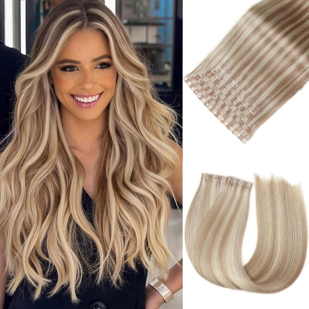 Invisible PU Hole Weft Human Hair Extensions Seamless Skin Weft Bead Hair Extensions for Women Dual-Use Tape in Weft Hair Extension 8PCS 70g 18/613 Highlight Blonde Real Human Hair (8Pcs,18 Inch)
