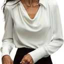 SOMTHRON Women's Elegant Satin Silk Blouse Cowl Neck Ruched Front Draped Long Sleeve Work Office Shirt Top (Large, White)