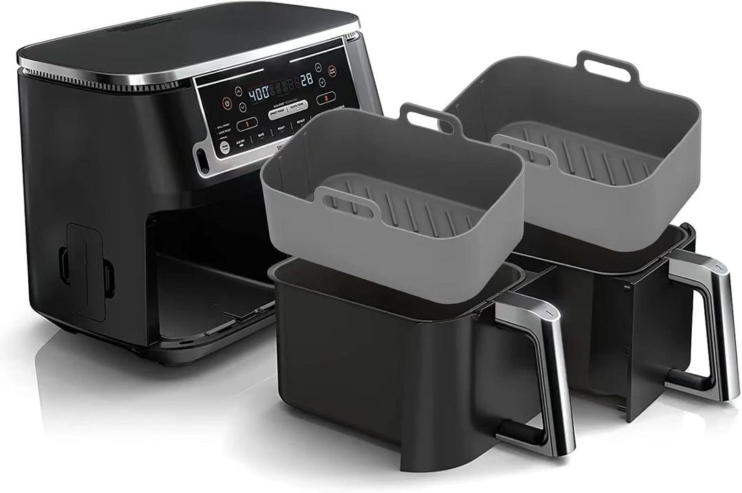 2Pcs Air Fryer Silicone Liners Rectangular for Ninja Foodi Dual DZ201 8QT/DZ090 6QT/Ninja DoubleStack SL201 8QT, MMH Reusable Airfryer Pot Baking Basket | Non-stick | Easy Cleaning | Food Safe | Gray (6-8 Quarts)