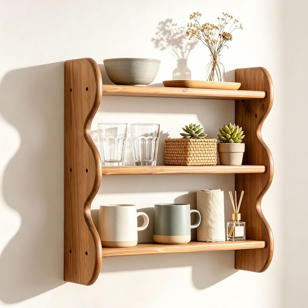 3 Tier Solid Wood Wall Shelf, Rustic Floating Storage Organizer