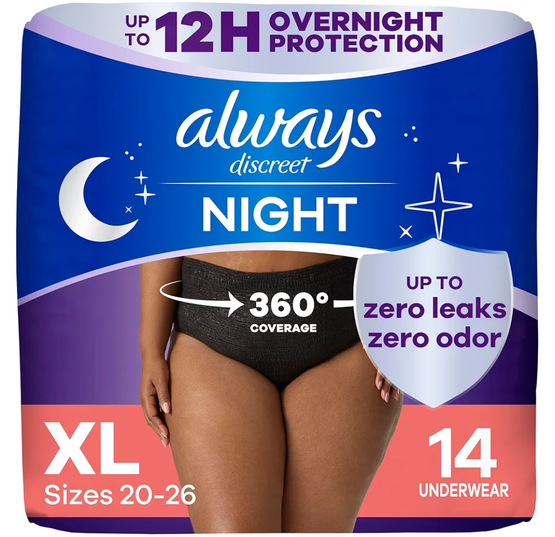 Always Discreet Adult Incontinence Overnight Underwear for Women, Extra Large, Up to 100% Bladder Leak Protection, 64