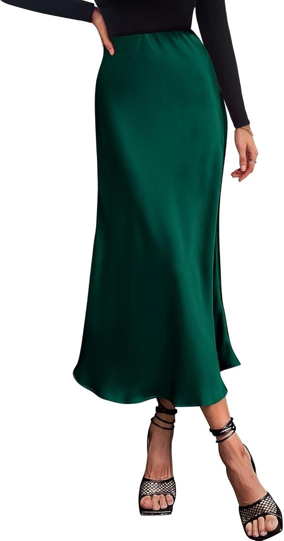 BTFBM 2025 Women Summer Spring Long Satin Skirt Silk Elegant High Waist Cocktail Party Wedding Flowy A-Line Midi Skirts (Medium)