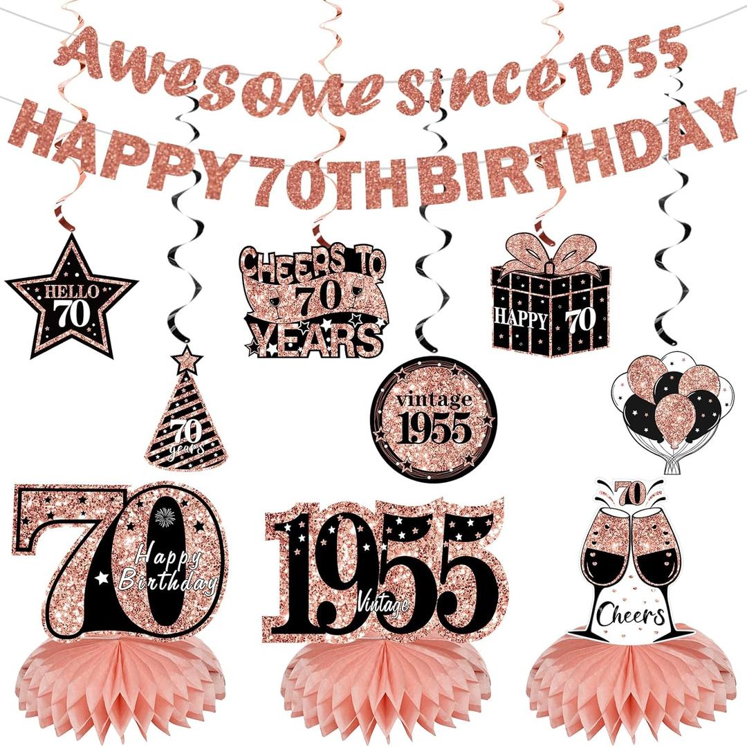 11Pcs 70th Birthday Decorations Kit for Women, Rose Gold Happy 70th Birthday Banner, Awesome Since 1955 Centerpieces Swirls Party Supplies, Seventy Bday Banner Ceiling Table Topper Sign