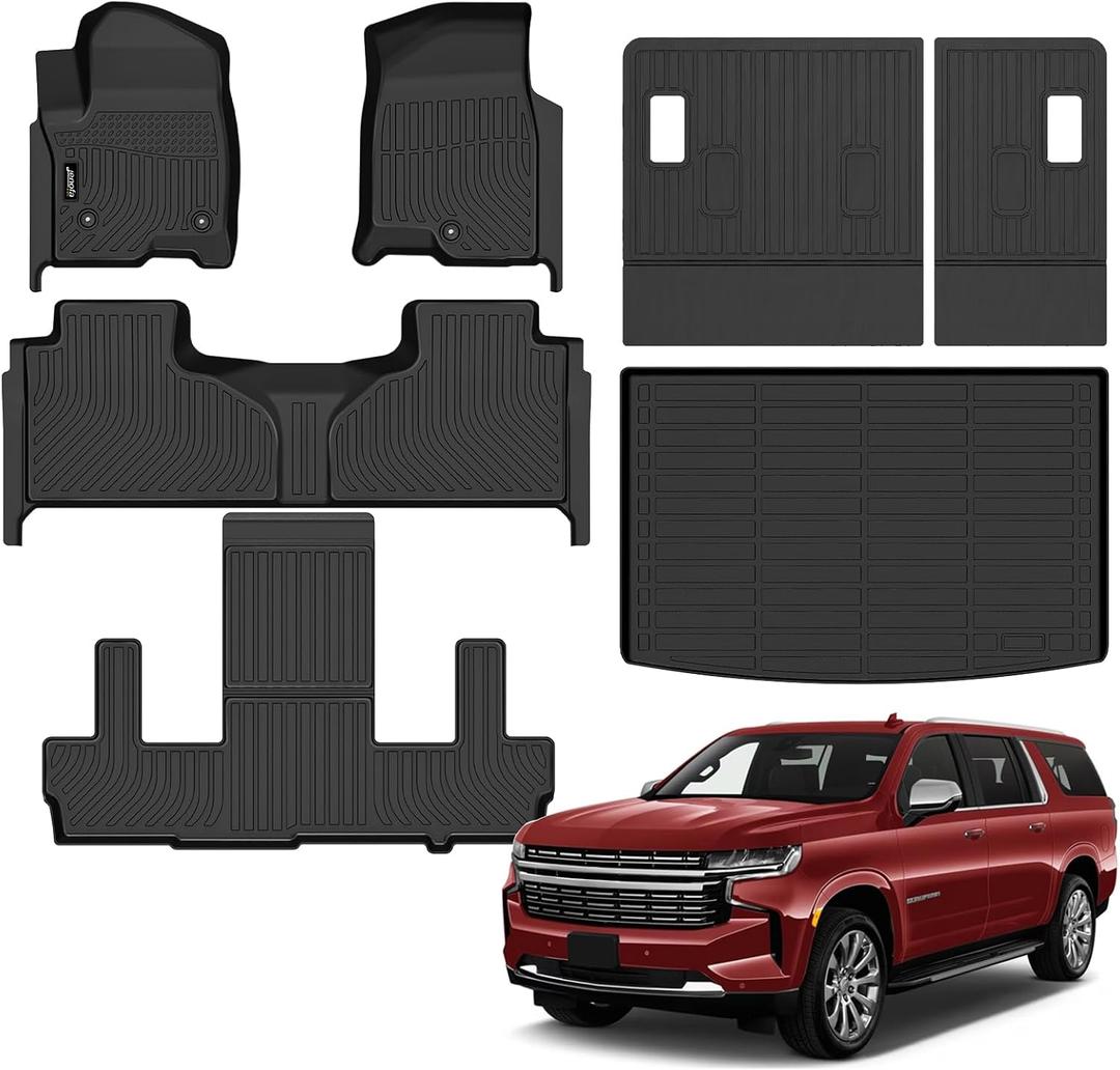 Jenofa-for 2021-2026 Chevy Suburban/GMC Yukon XL/Cadillac Escalade ESV 7-Seater All Weather Floor Mats Automotive Car Mat Accessories (Floor Mats & Rear Seat Back Mats & Cargo Liner)