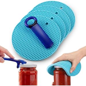 LemonRoad 5 Pack Jar Opener Tool Include 1 Jar Lid Opener for Weak Hands & 4 Silicone Trivet Mats, Plastic Jars Bottle Lid Openers with Silicone Open Gripper for Senior Kitchen Accessories (Blue)
