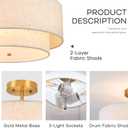 16-inch Double Drum Ceiling Light Fixture for Hallway, Living Room | 2-Layer Linen Shade, Gold Base, Semi Flush Mount Close to Ceiling, 3-Light E26 Socket, Hardwired, 120V