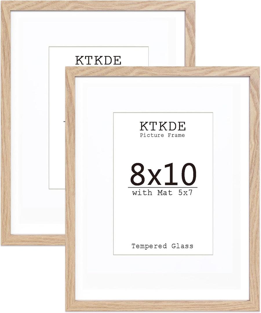 KTKDE 8x10 Picture frame Set of 2,Nature Wooden Photo Frame 5x7mat or 8x10 Without Mat, Tempered Glass8 by 10 for Gallery Wall Mounting or Tabletop for home ideal gift (2pcs-Natural Woodgrain)