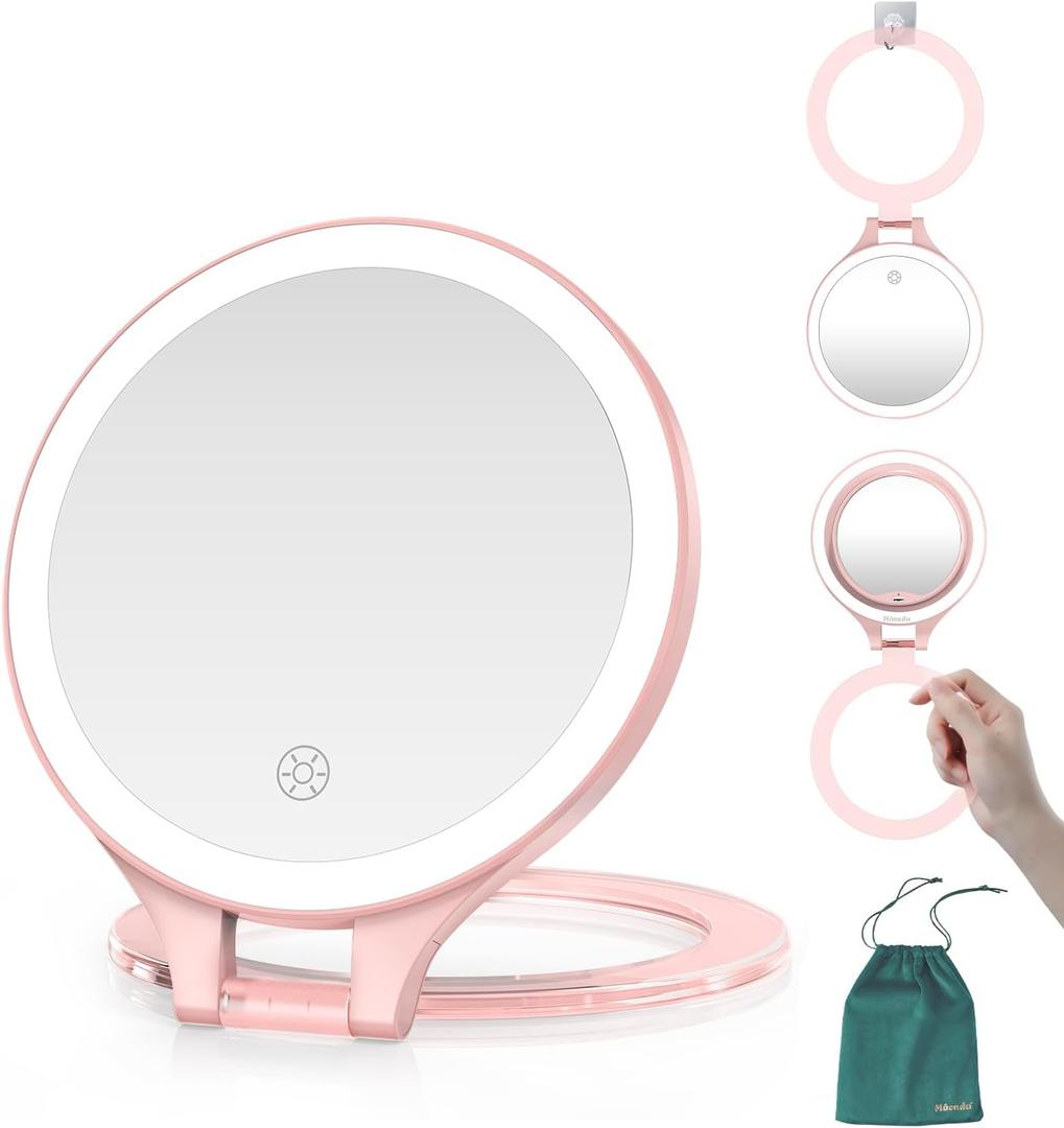 Mocado Travel Makeup Mirror with Light, 1X/20X Magnifying, Double Sided, 3 Color Light, Dimmable Touch, Rechargeable (Pink)