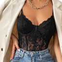 COZYEASE Women's Lace Bustier Cami Bodysuit Plain Sleeveless Slim Fit Sheer Mesh Corset Top Romper (Black, XS)