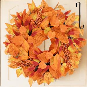 Fall Decor, 20 Inch Fall Wreaths for Front Door Outside, Autumn Wreath with Hanger Fall Thanksgiving Decorations for Home Porch Wall Window Party Decor Indoor Outdoor (Orange)